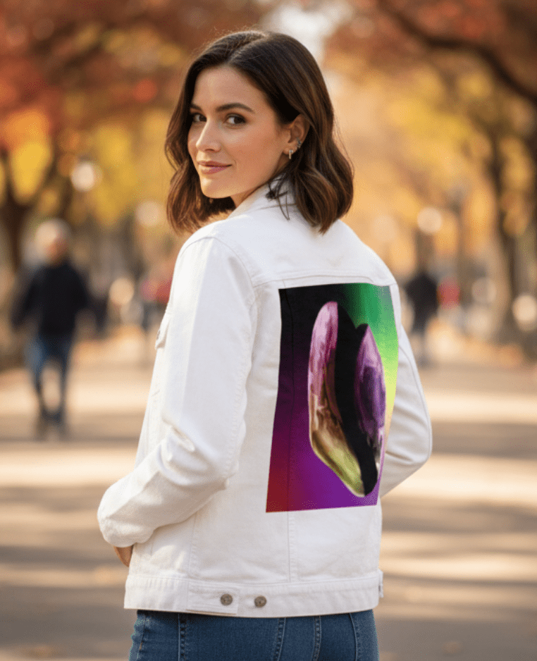 RAINBOW HEART by RaMir DESIGNS,printed by DenimINK on hand-crafted Denim Jackets and other denim products and other denim products: tote bags, throw pillows, table place mats, aprons
