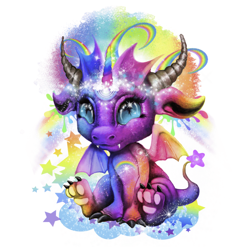 illustration of a small fantasy dragon sitting upright with oversized glossy blue eyes, a rounded snout, and short curved horns. the dragon’s body is painted in blended rainbow hues of purple, pink, blue, green, &amp; yellow with soft gradient transitions &amp; sparkling highlights. small bat-like wings extend from its back, &amp; clawed paws rest forward with visible pads and black talons. a rainbow horn glows at the forehead, surrounded by stars, sparkles, paint splashes. "Rainbow Lil Dragonz" by Sheena Pike.