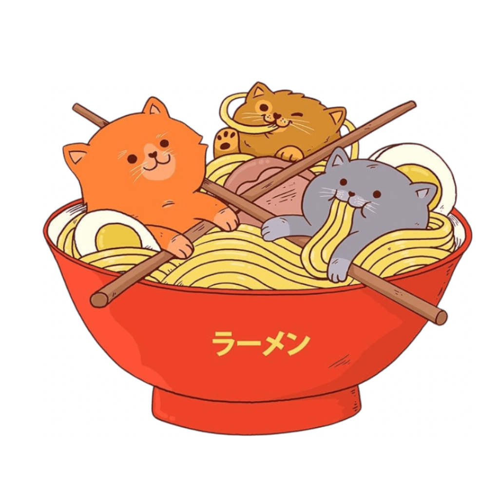 illustration of A large red ramen bowl filled with thick yellow noodles &amp; sliced egg halves, holding three cats nestled inside. An orange cat reclines on the left, a gray cat on the right slurps noodles from its mouth, &amp; a small brown cat sits near the top, paw raised playfully. Wooden chopsticks cross diagonally over the bowl. Pale steam &amp; halftone texture surround the scene. Yellow Japanese characters reading “ramen” appear on the bowl’s front. his artwork is titled “Ramen and Cats” and created by Pepe