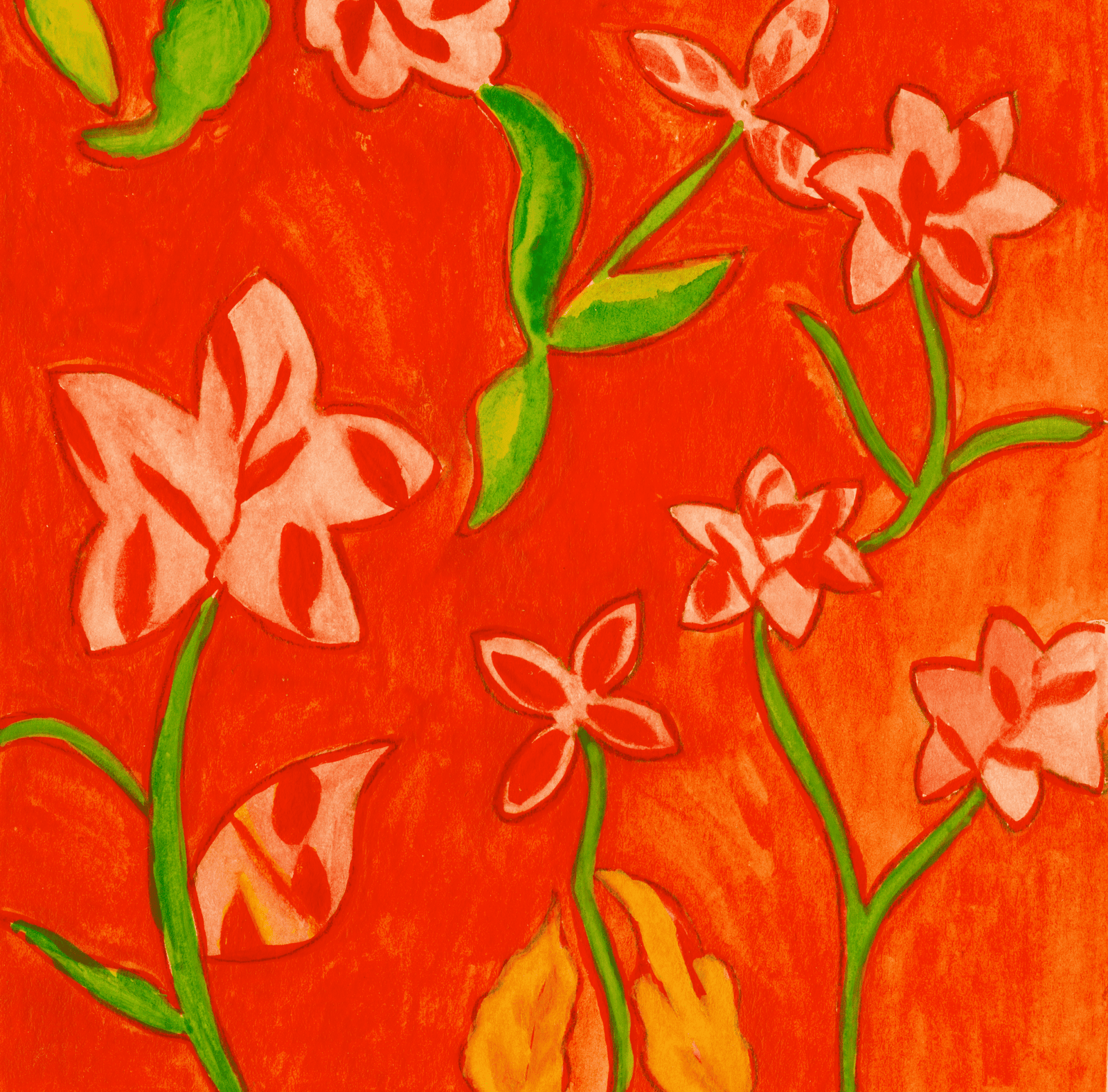 illustration of stylized cream-and-rust colored flowers with bright green stems and leaves set against a textured rusty orange background. loose painterly strokes and warm tones fill the floral composition. this artwork is titled “Rusty Flowers” and created by Canvas & Quotations (Monika Chugh and Alka Chopra)