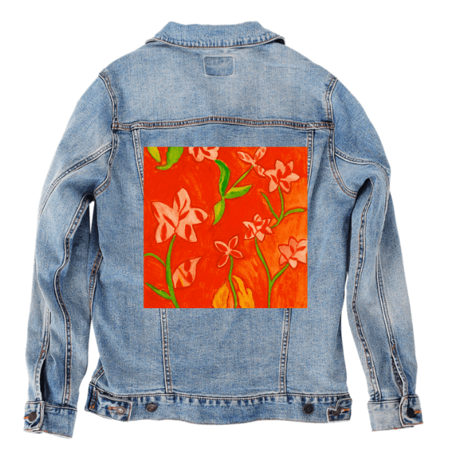 RUSTY FLOWERS by CANVAS and QUOTATIONS, digitally printed on DENIM products: throw pillows, aprons, table place mats, and hand - crafted Unisex Denim Jackets in 3 color choices custom denim jacket by DenimINK