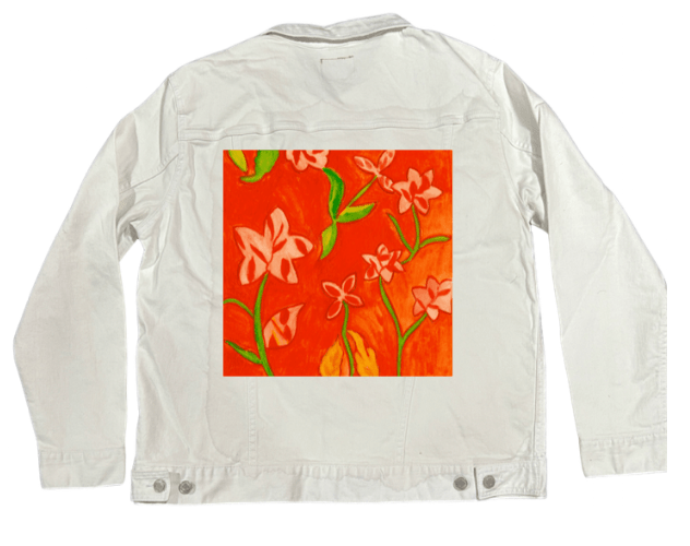 RUSTY FLOWERS by CANVAS and QUOTATIONS, digitally printed on DENIM products: throw pillows, aprons, table place mats, and hand - crafted Unisex Denim Jackets in 3 color choices custom denim jacket by DenimINK