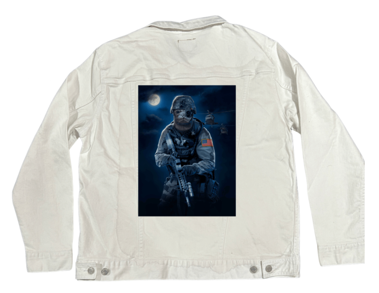 S.E.A.L. by VINCENT HIE, printed on denim jackets and other denim products: tote bags, throw pillows, table place mats, aprons