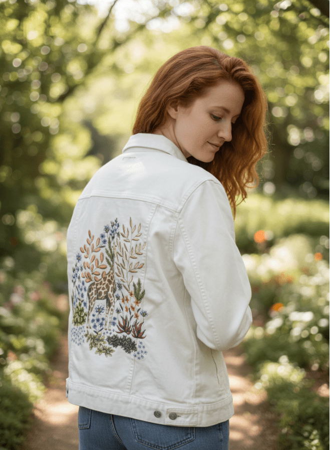 SAFARI GIRAFFE by CECILIA BATTAINI, printed on denim jackets and other denim products: tote bags, throw pillows, table place mats, aprons