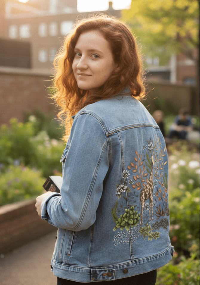 SAFARI GIRAFFE by CECILIA BATTAINI, printed on denim jackets and other denim products: tote bags, throw pillows, table place mats, aprons