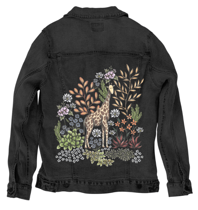 SAFARI GIRAFFE by CECILIA BATTAINI, printed on denim jackets and other denim products: tote bags, throw pillows, table place mats, aprons