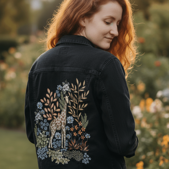 back view of a model standing in a softly lit garden at sunset, wearing a black denim jacket featuring a printed illustration of a giraffe surrounded by delicate grasses, rust-colored leaves, pale succulents &amp; soft white blooms. the warm golden light highlights the earthy tones of the printed scene. the artwork “Safari Giraffe” by Cecilia Battaini is digitally printed on the jacket’s back panel by DenimINK.