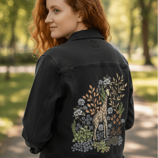 back view of a model walking along a sunlit tree-lined path, wearing a black denim jacket featuring a printed giraffe standing among orange &amp; ivory desert blooms, soft blue wildflowers &amp; pale sage-green succulents. the golden light brings out the warmth of the printed flora. the artwork “Safari Giraffe” by Cecilia Battaini is digitally printed on the jacket’s back panel by DenimINK.