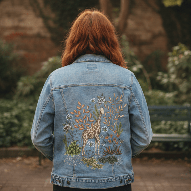 back view of a model standing in a leafy park near a bench, wearing a stonewashed denim jacket featuring a printed giraffe among blue-gray wildflowers, leafy succulents, spindly green ferns &amp; soft terracotta branches. the artwork “Safari Giraffe” by Cecilia Battaini is digitally printed on the jacket’s back panel by DenimINK.