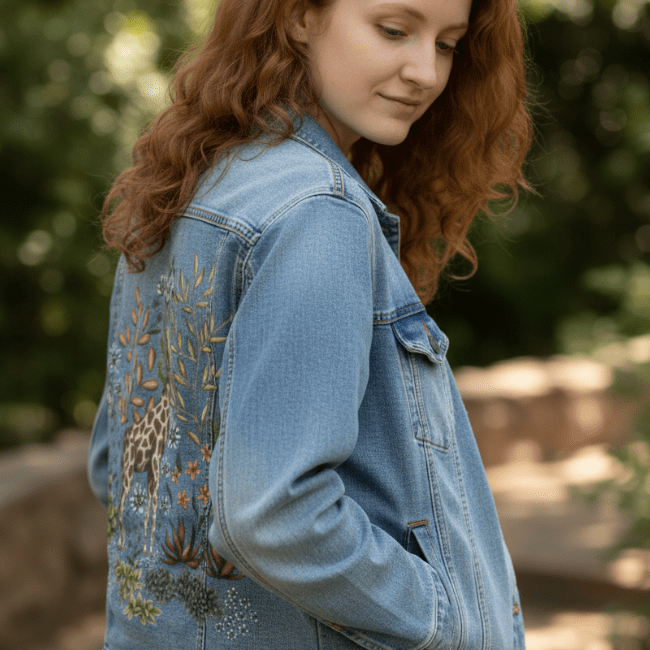 side view of a model walking along a shaded forest path, looking down softly while wearing a stonewashed denim jacket featuring a printed giraffe surrounded by warm desert foliage, cream &amp; blue wildflowers, spiky succulents &amp; delicate ground cover. dappled light through the trees adds a quiet mood to the natural tones of the artwork. the artwork “Safari Giraffe” by Cecilia Battaini is digitally printed on the jacket’s back panel by DenimINK.