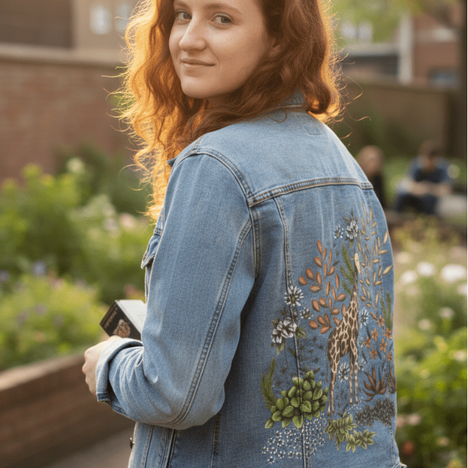 three-quarter side view of a model standing in a garden at golden hour, holding an item in one hand while wearing a stonewashed denim jacket featuring a printed giraffe surrounded by rust-toned leaves, white wildflowers, green succulents &amp; soft desert plants. warm sunlight filters through nearby buildings, catching the edge of the print. the artwork “Safari Giraffe” by Cecilia Battaini is digitally printed on the jacket’s back panel by DenimINK.