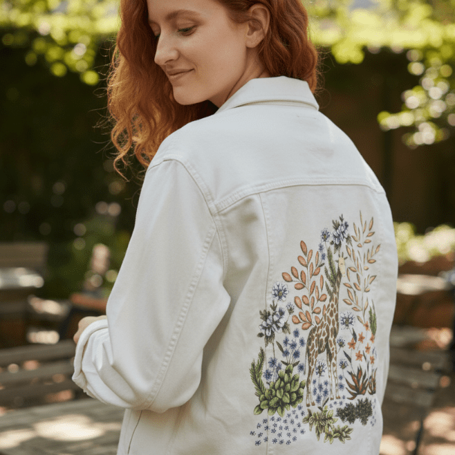 three-quarter rear view of a model standing near a courtyard seating area, wearing a white denim jacket featuring a tall giraffe nestled among star-shaped orange flowers, ivory blossoms, &amp; leafy succulents. soft shadows filter through the canopy above. the artwork “Safari Giraffe” by