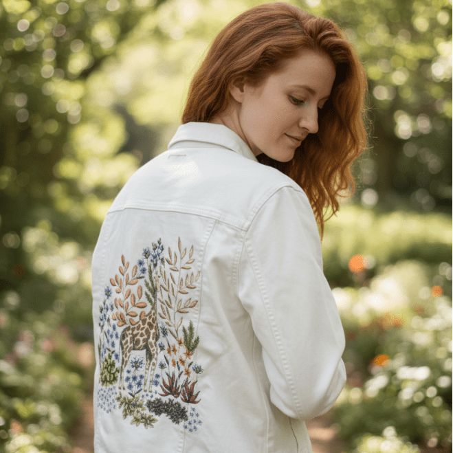 back view of a model walking a winding garden path through tall trees, wearing a white denim jacket featuring a printed giraffe standing within layered succulents, blue &amp; ivory blossoms, ochre-toned leaves &amp; light grasses. filtered forest light brings a gentle softness to the scene. the artwork “Safari Giraffe” by Cecilia Battaini is digitally printed on the jacket’s back panel by DenimINK.