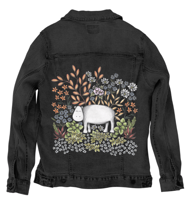 SAFARI HIPPO by CECILIA BATTAINI, printed on denim jackets and other denim products: tote bags, throw pillows, table place mats, aprons