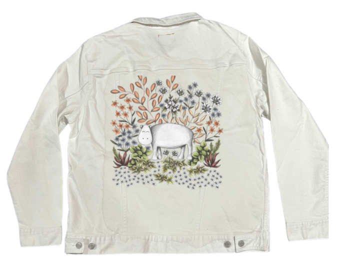 SAFARI HIPPO by CECILIA BATTAINI, printed on denim jackets and other denim products: tote bags, throw pillows, table place mats, aprons