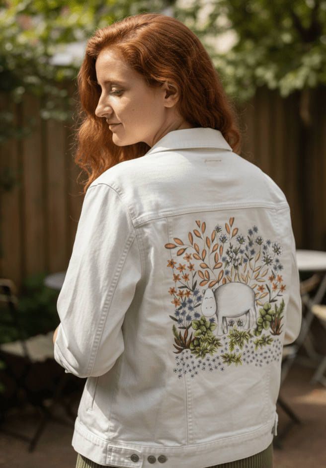 SAFARI HIPPO by CECILIA BATTAINI, printed on denim jackets and other denim products: tote bags, throw pillows, table place mats, aprons