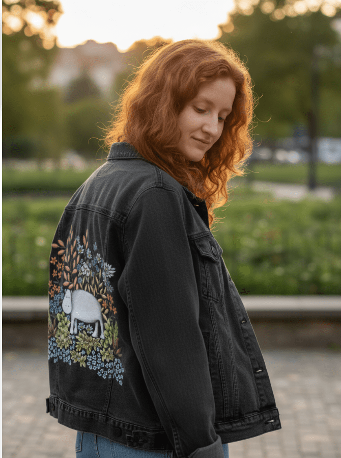 SAFARI HIPPO by CECILIA BATTAINI, printed on denim jackets and other denim products: tote bags, throw pillows, table place mats, aprons