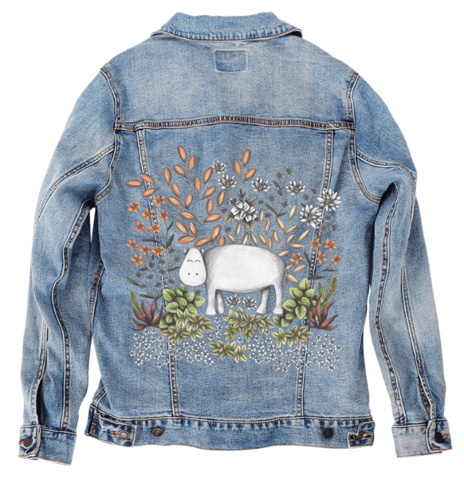 SAFARI HIPPO by CECILIA BATTAINI, printed on denim jackets and other denim products: tote bags, throw pillows, table place mats, aprons