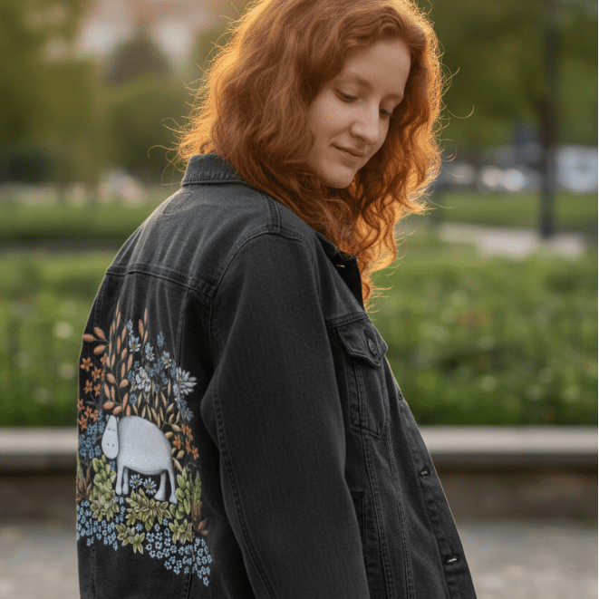 side view of a model standing at sunset in a city park wearing a black denim jacket featuring a gentle white hippo surrounded by illustrated wildflowers, star-shaped blossoms, coppery foliage &amp; dense sage-green succulents. the artwork “Safari Hippo” by Cecilia Battaini is digitally printed on the jacket’s back panel by DenimINK.