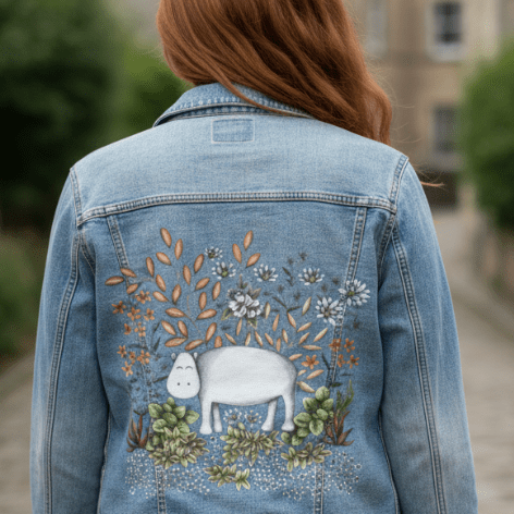back view of a model standing on a cobblestone street wearing a stonewashed denim jacket featuring a cheerful white hippo surrounded by warm desert foliage, blue-gray blossoms, golden stems, & green succulents. the artwork “Safari Hippo” by Cecilia Battaini is digitally printed on the jacket’s back panel by DenimINK.