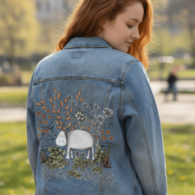 three-quarter rear view of a model standing in a sunlit urban park wearing a stonewashed denim jacket featuring a white hippo nestled among orange petals, blue flowers, warm brown branches, &amp; watercolor-textured succulents. the artwork “Safari Hippo” by Cecilia Battaini is digitally printed on the jacket’s back panel by DenimINK.