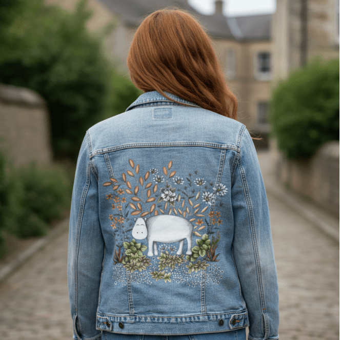 back view of a model walking through a quiet stone-paved village street wearing a stonewashed denim jacket printed with a peaceful white hippo surrounded by hand-illustrated desert plants, soft-leafed succulents, pale daisies, orange blooms &amp; dusty green foliage. the artwork “Safari Hippo” by Cecilia Battaini is digitally printed on the jacket’s back panel by DenimINK.