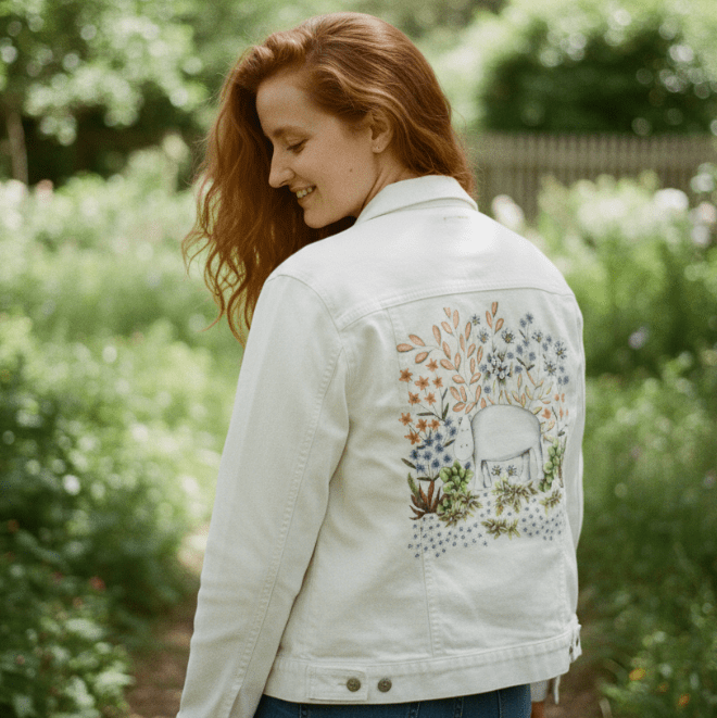 back view of a model walking through a sunlit garden path wearing a white denim jacket featuring the artwork of a white hippo surrounded by hand-drawn desert plants, delicate blossoms, &amp; warm-toned leaves. the artwork “Safari Hippo” by Cecilia Battaini is digitally printed on the jacket’s back panel by DenimINK.
