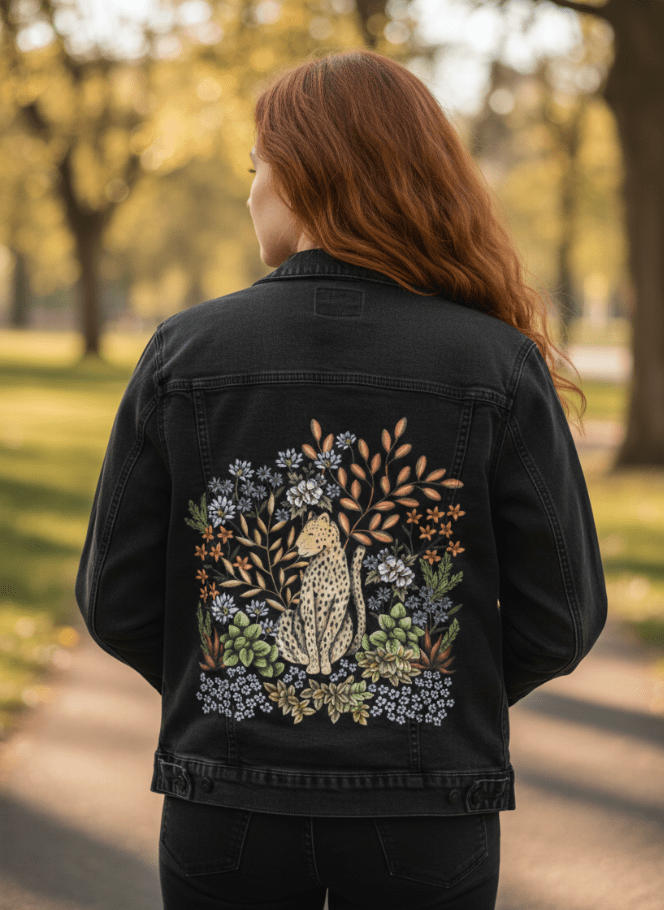 SAFARI LEOPARD by CECILIA BATTAINI, printed on denim jackets and other denim products: tote bags, throw pillows, table place mats, aprons