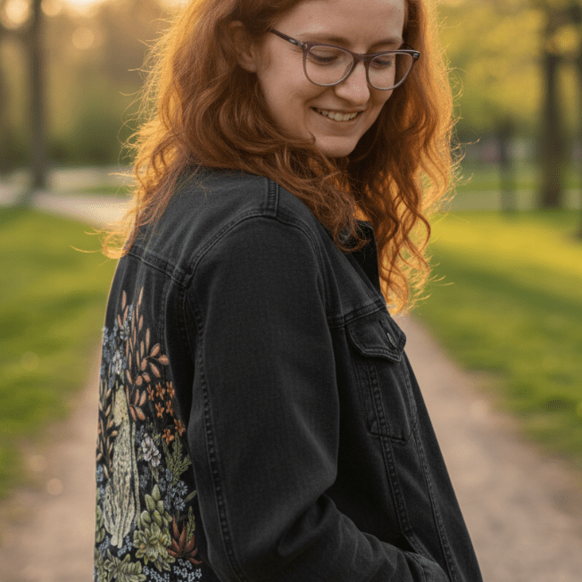 back view of a model walking along a soft dirt path in a city park at golden hour, wearing a black denim jacket featuring a lush jungle design with a calm, seated leopard nestled in wild grasses &amp; flowers. the warm glow of the low sun highlights the golden rosettes on the leopard’s coat and catches the warm orange, ivory, &amp; sage tones of the surrounding flora. the artwork “Safari Leopard” by Cecilia Battaini is digitally printed on the jacket’s back panel by DenimINK.