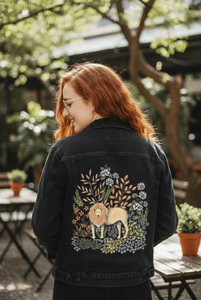 SAFARI LION by CECILIA BATTAINI, printed on denim jackets and other denim products: tote bags, throw pillows, table place mats, aprons