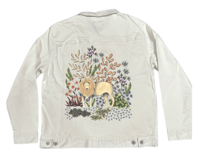 SAFARI LION by CECILIA BATTAINI, printed on denim jackets and other denim products: tote bags, throw pillows, table place mats, aprons