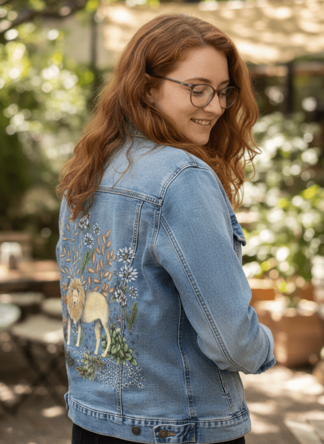 SAFARI LION by CECILIA BATTAINI, printed on denim jackets and other denim products: tote bags, throw pillows, table place mats, aprons