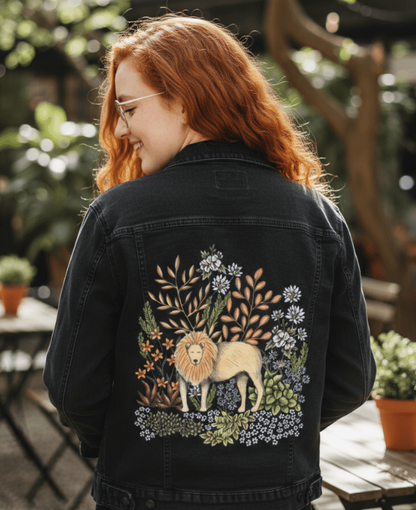 SAFARI LION by CECILIA BATTAINI, printed on denim jackets and other denim products: tote bags, throw pillows, table place mats, aprons