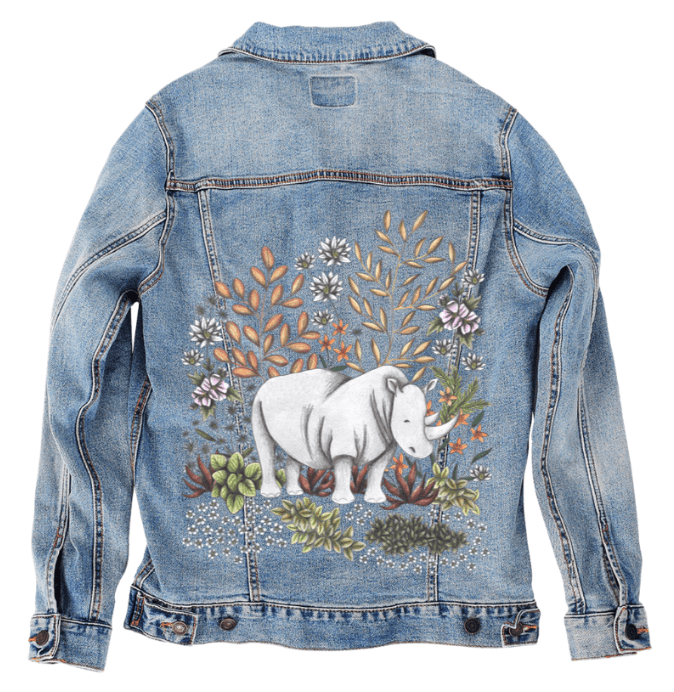 SAFARI RHINO by CECILIA BATTAINI, printed on denim jackets and other denim products: tote bags, throw pillows, table place mats, aprons