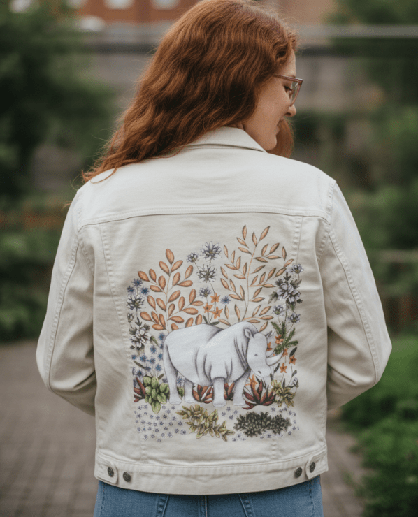 SAFARI RHINO by CECILIA BATTAINI, printed on denim jackets and other denim products: tote bags, throw pillows, table place mats, aprons