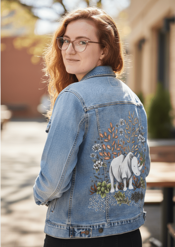 SAFARI RHINO by CECILIA BATTAINI, printed on denim jackets and other denim products: tote bags, throw pillows, table place mats, aprons