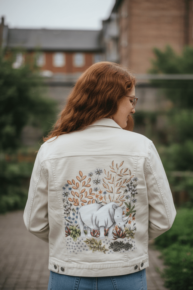 SAFARI RHINO by CECILIA BATTAINI, printed on denim jackets and other denim products: tote bags, throw pillows, table place mats, aprons