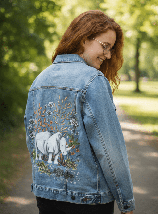 SAFARI RHINO by CECILIA BATTAINI, printed on denim jackets and other denim products: tote bags, throw pillows, table place mats, aprons