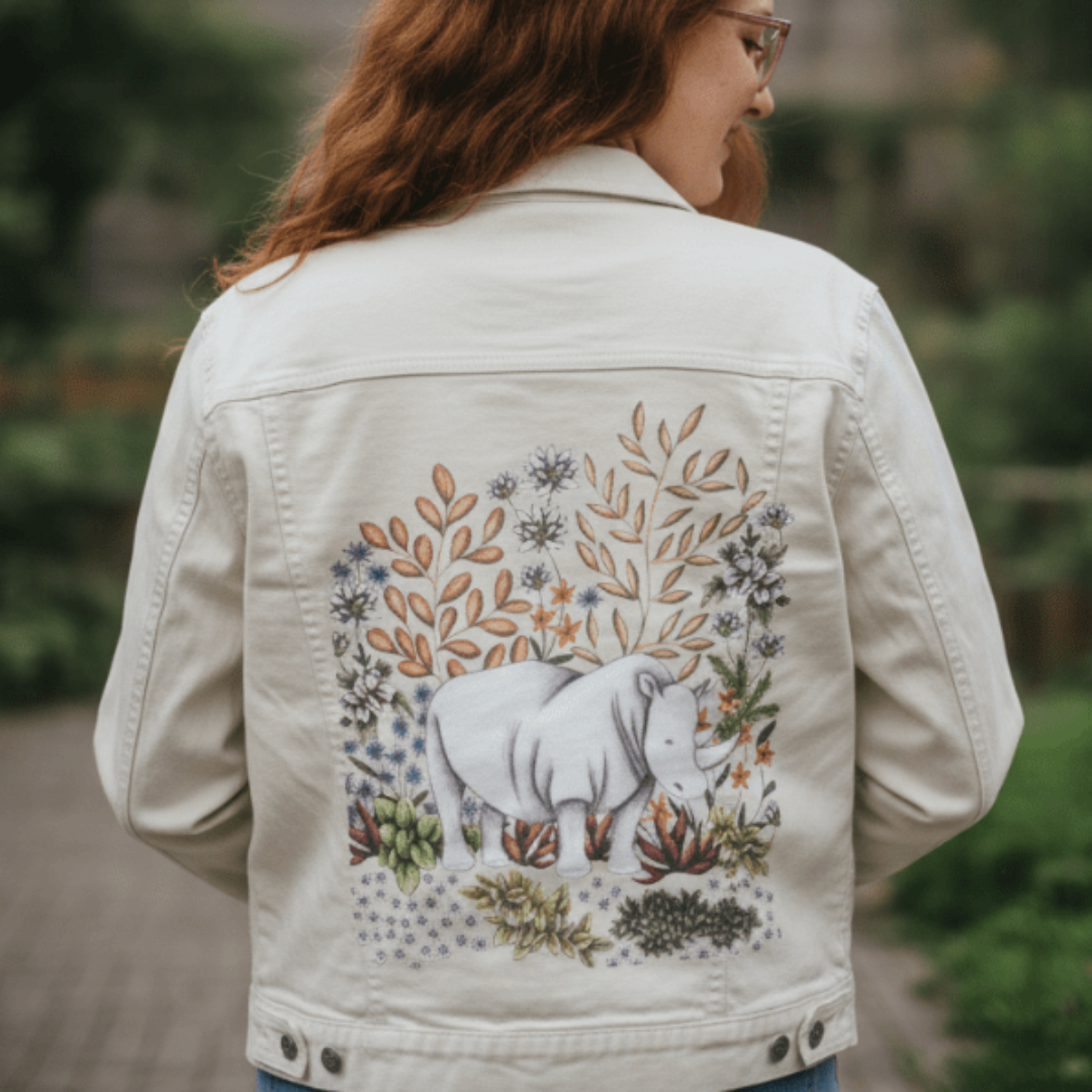 three-quarter rear view of a model wearing a white denim jacket while standing in a peaceful city park. the jacket displays a softly drawn white rhino surrounded by pencil-shaded orange blossoms, mint green succulents, and warm golden leaves. the artwork “Safari Rhino” by Cecilia Battaini is digitally printed on the jacket’s back panel by DenimINK.