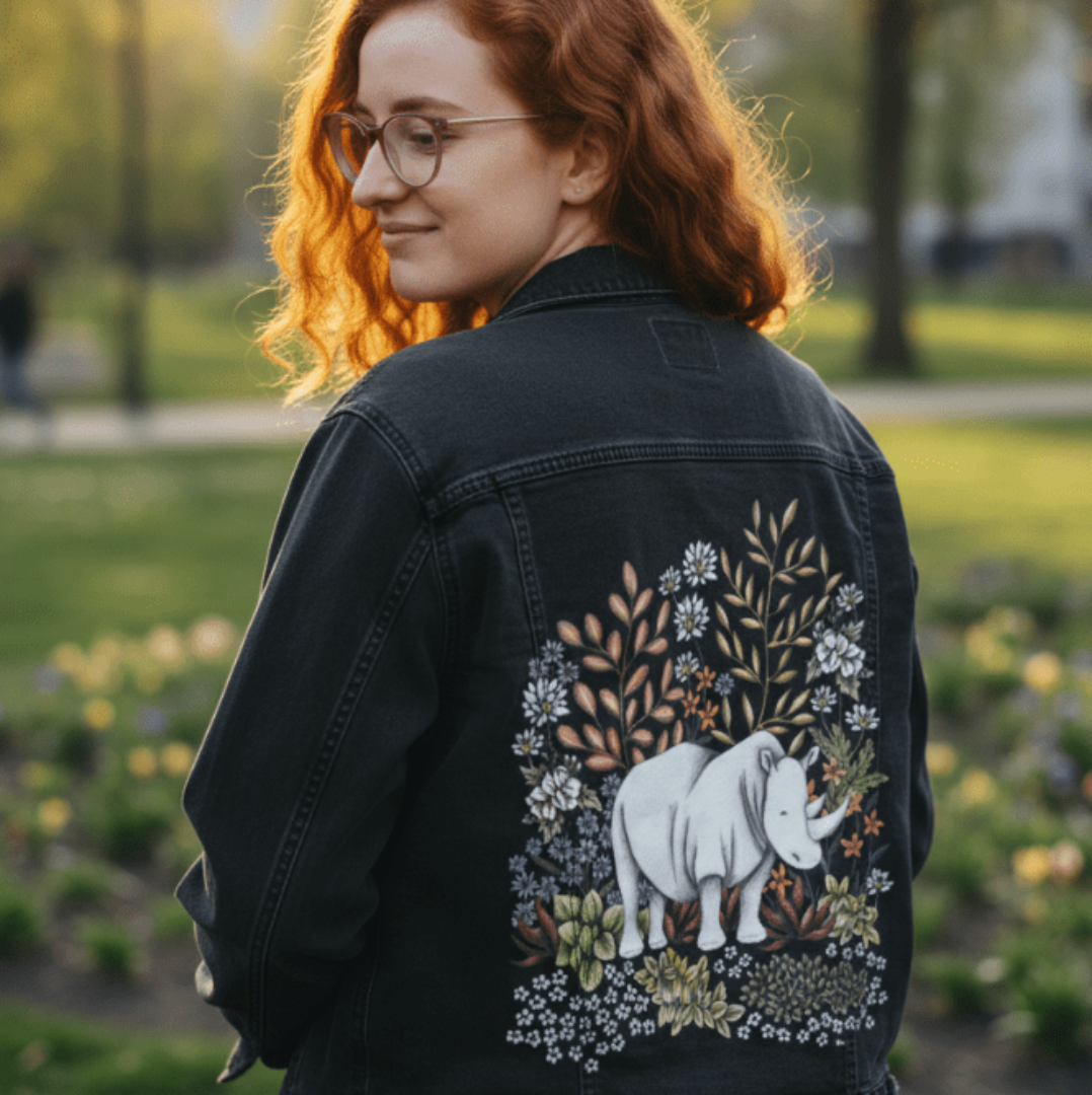 three-quarter rear view of a model standing in an evening garden, wearing a black denim jacket featuring a calm white rhino surrounded by soft charcoal succulents, copper-toned leaves, and light grey flowers. the bold contrast highlights the artwork “Safari Rhino” by Cecilia Battaini, which is digitally printed on the jacket’s back panel by DenimINK.