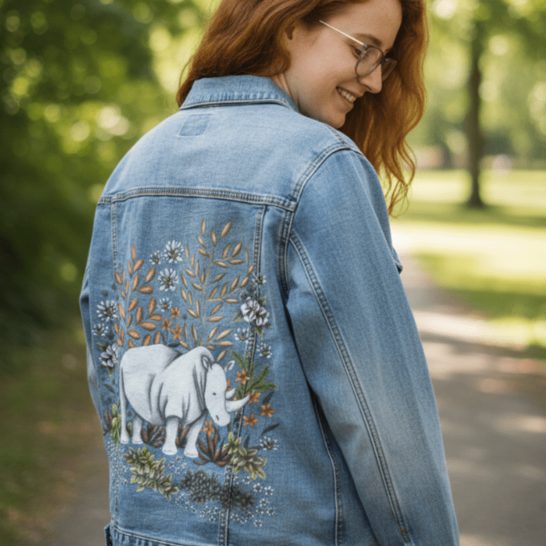 three-quarter rear view of a model walking along a sunny park path in a stonewashed denim jacket featuring a softly shaded white rhino surrounded by golden desert branches, clusters of pencil-drawn daisies, warm red aloe, and pale green succulents. the artwork “Safari Rhino” by Cecilia Battaini is digitally printed on the jacket’s back panel by DenimINK.