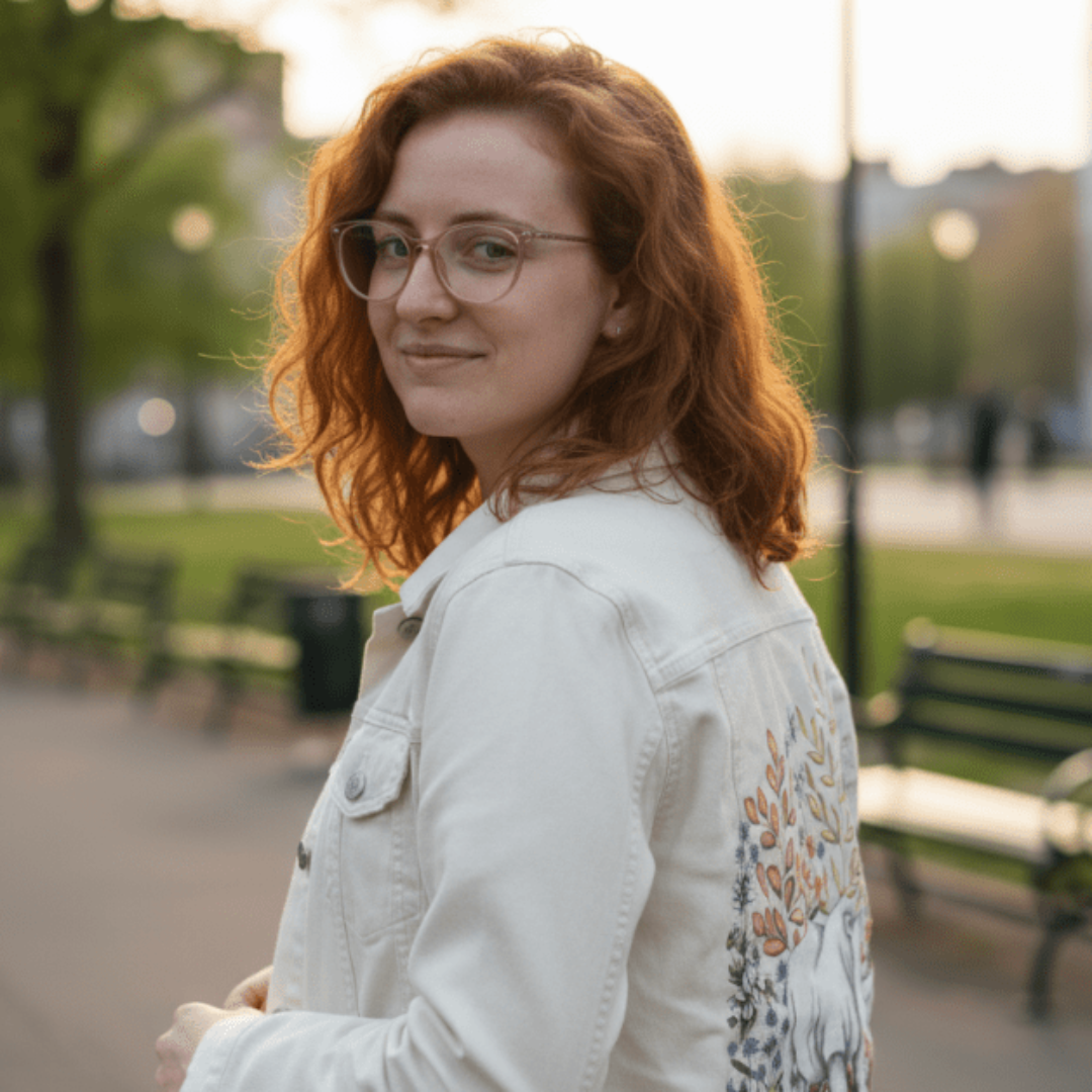 rear-side view of a model standing on a paved park path in the soft evening light, wearing a white denim jacket featuring a white rhino surrounded by blooming botanicals. orange and sage leaves, soft white flowers, and muted greens form a halo around the rhino. the artwork “Safari Rhino” by Cecilia Battaini is digitally printed on the jacket’s back panel by DenimINK.
