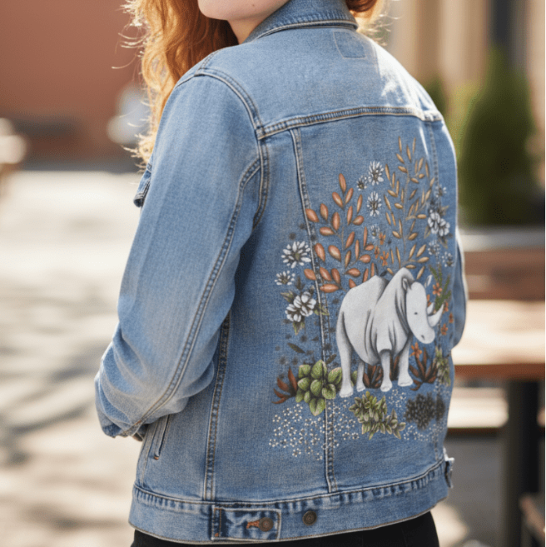 three-quarter rear view of a model walking through a late afternoon flower garden in a white denim jacket featuring a softly drawn white rhino standing among wild blooms and succulents. the backdrop includes golden branches, pale purple and orange blossoms, and detailed pencil-shaded foliage. the artwork “Safari Rhino” by Cecilia Battaini is digitally printed on the jacket’s back panel by DenimINK.