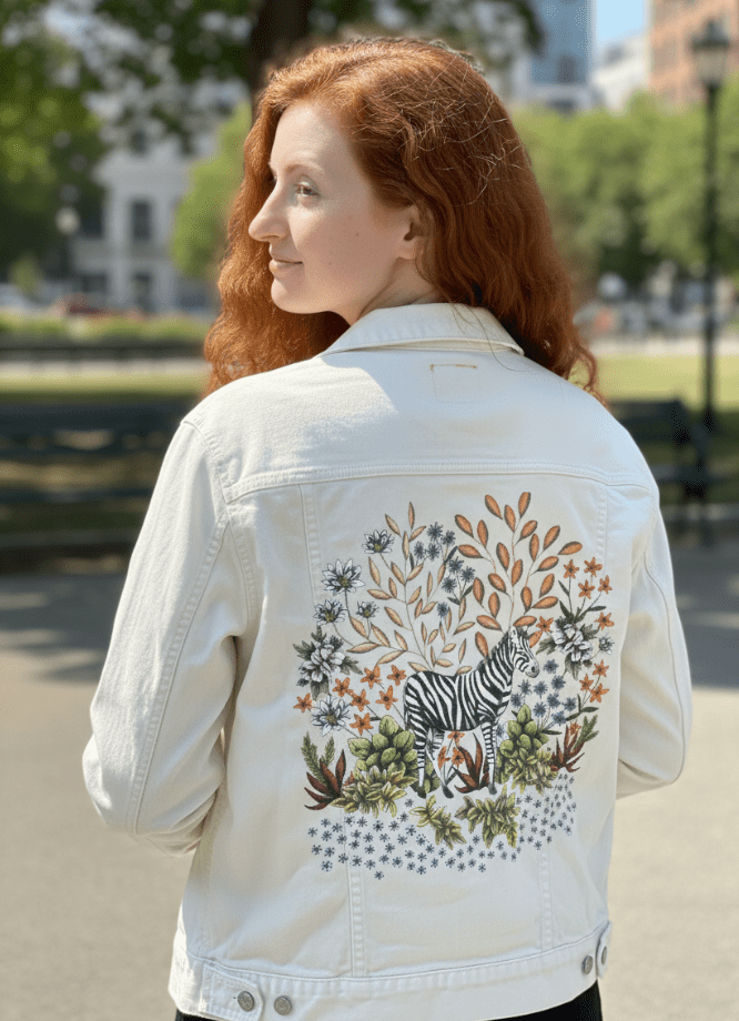 SAFARI ZEBRA by CECILIA BATTAINI, printed on denim jackets and other denim products: tote bags, throw pillows, table place mats, aprons