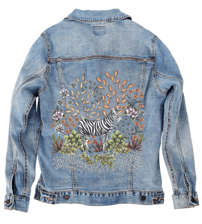 SAFARI ZEBRA by CECILIA BATTAINI, printed on denim jackets and other denim products: tote bags, throw pillows, table place mats, aprons