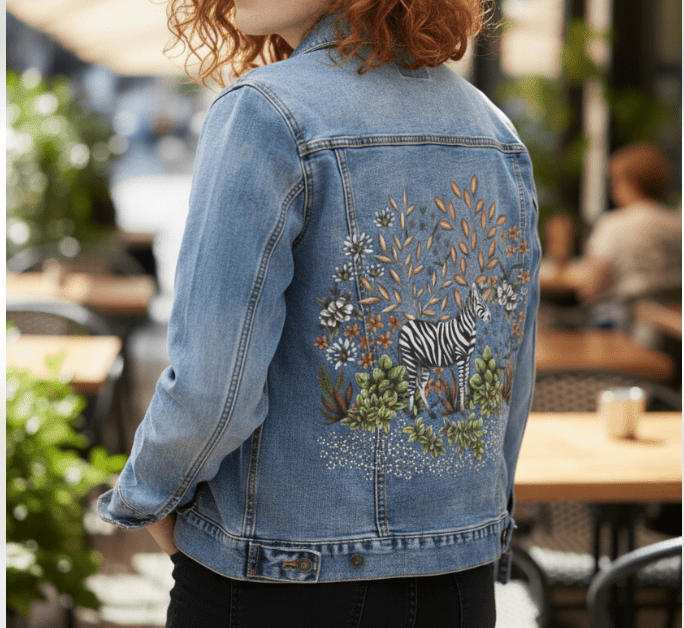 SAFARI ZEBRA by CECILIA BATTAINI, printed on denim jackets and other denim products: tote bags, throw pillows, table place mats, aprons