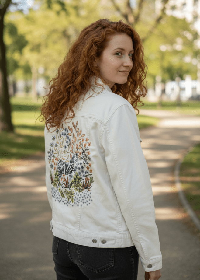 SAFARI ZEBRA by CECILIA BATTAINI, printed on denim jackets and other denim products: tote bags, throw pillows, table place mats, aprons
