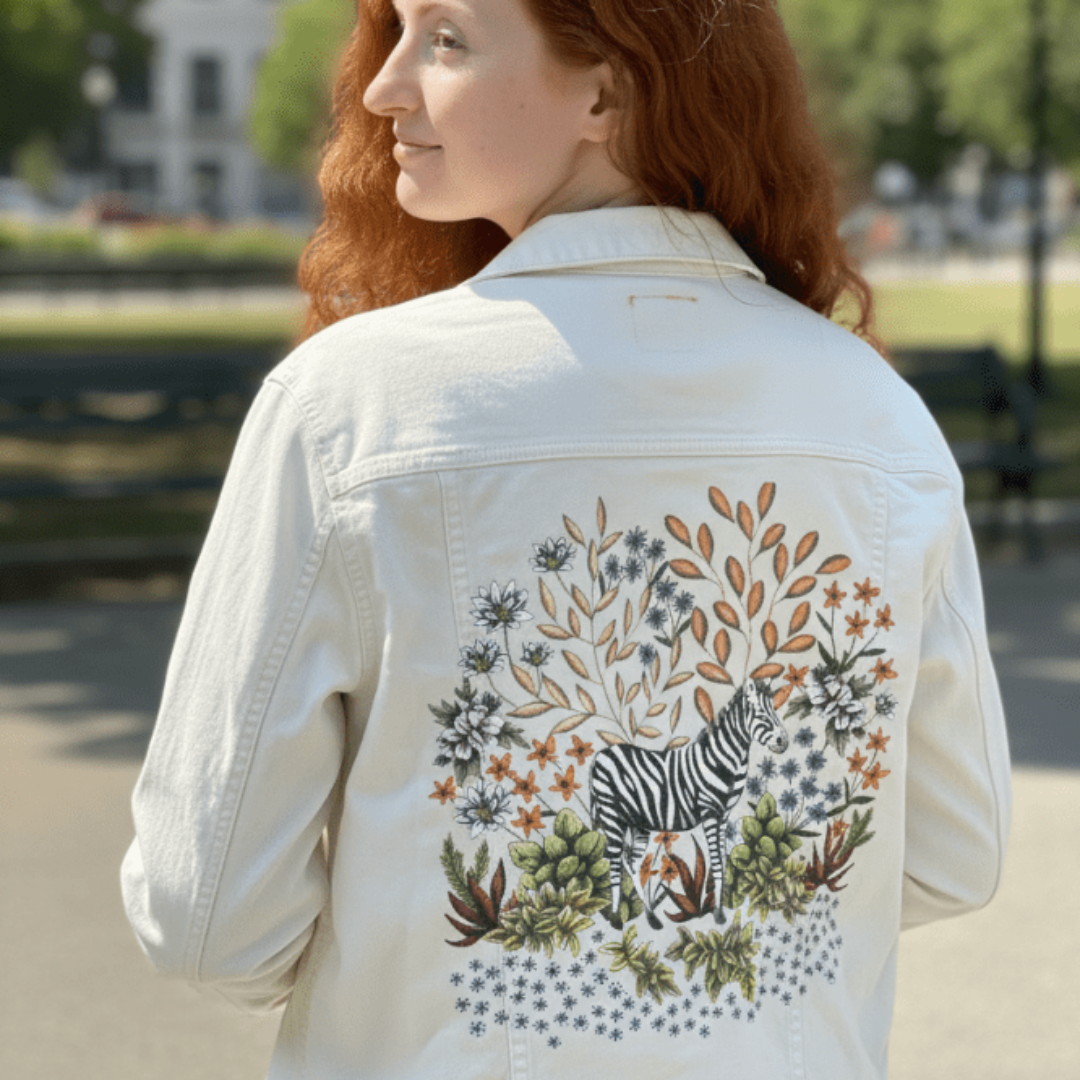 flat lay of a white denim jacket mockup showcasing the back printed with a zebra surrounded by delicately hand-drawn tropical foliage and soft field blossoms. peach-toned leaves, pale succulents, clusters of tiny white flowers, and deep green plant life surround the zebra in this nature-inspired design. the artwork “Safari Zebra” by Cecilia Battaini is digitally printed on the jacket by DenimINK.