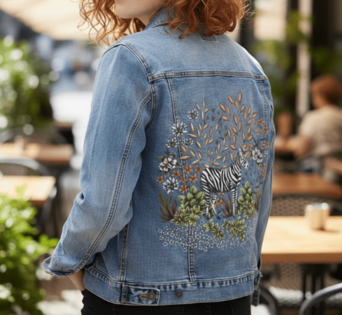 three-quarter model standing outdoors at a city café wearing a stonewashed denim jacket printed with the “Safari Zebra” artwork by Cecilia Battaini. the art shows a hand-drawn zebra surrounded by leafy golden branches, pale succulents, and soft-hued florals, creating a rich, layered jungle vignette. the textured fabric of the light denim complements the botanical tones. digitally printed by DenimINK.