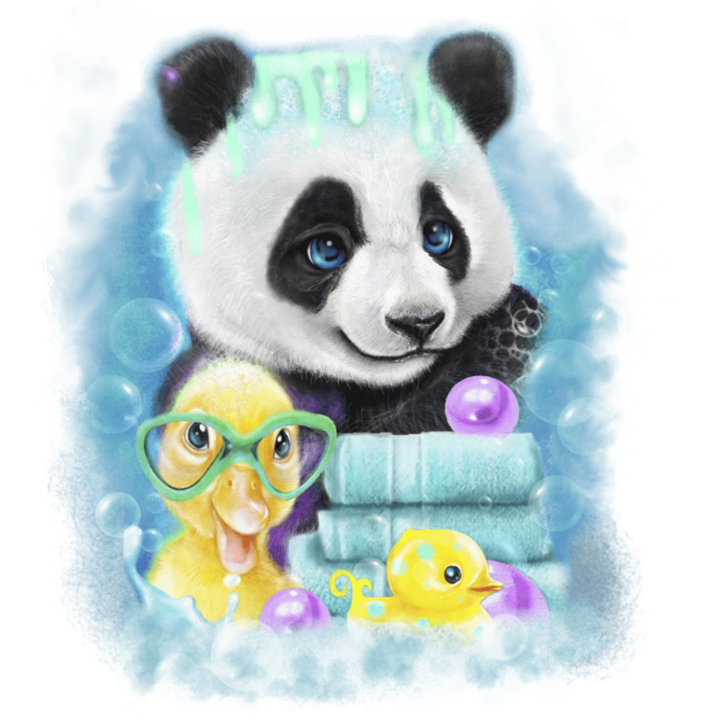 illustration of a panda’s face &amp; upper body emerging from a bubble-filled bath scene, with soft white fur, black ears, * black eye patches framing bright blue eyes. pale green drips of soap hang above the panda’s head. below, a yellow duckling wearing green glasses splashes happily beside a small yellow rubber duck, surrounded by purple bath balls, foam, &amp; translucent bubbles. folded blue towels sit behind the duckling against a watery blue background. artwork is titled “Scrub-A-Dub Panda” by Sheena Pike.